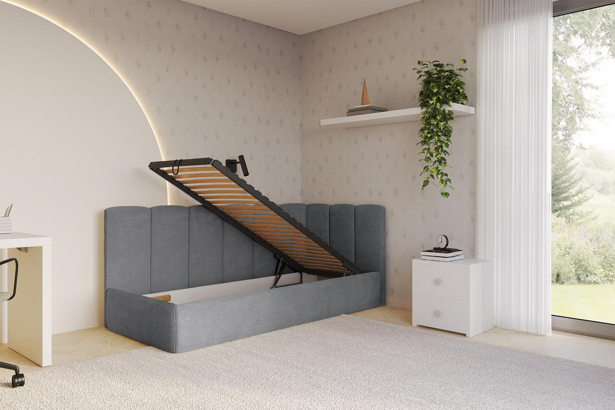 EINZELLBETT Jugendbett mit Bettkasten, Links - DEXY 90x200 Dunkelgrau - Graphitfarben, Holzwerkstoff/Textil (90/200cm) - ALTDECOR