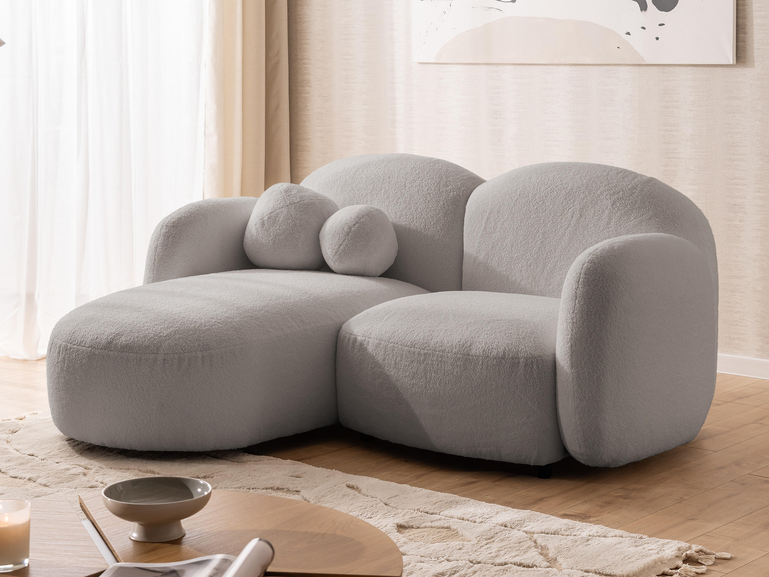 ECKSOFA Nuvola mit abgerundetem Design Hellgrau Bouclé-Stoff - Ottomane Links - Hellgrau/Schwarz, Holz/Kunststoff (190/146cm) - S-Style Möbel