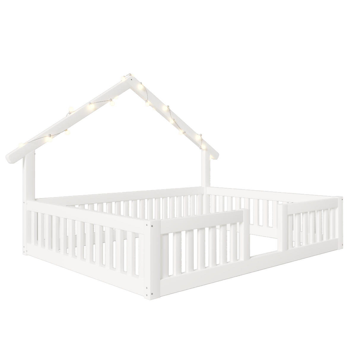 KINDERBETT 140/200 cm in Weiß mit LED und Sicherheitsgitter aus Holz im Hausdesign - Weiß, Holzwerkstoff (140/200cm) - STILVORA
