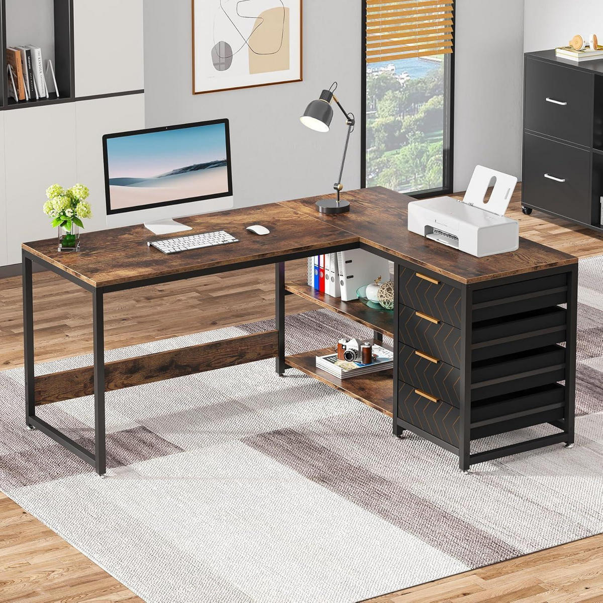 SCHREIBTISCH L-Form mit 4 Schubladen und 2 Ablagen braun 150 x 110 x 75 cm - Braun, Holzwerkstoff (150/110/75cm)