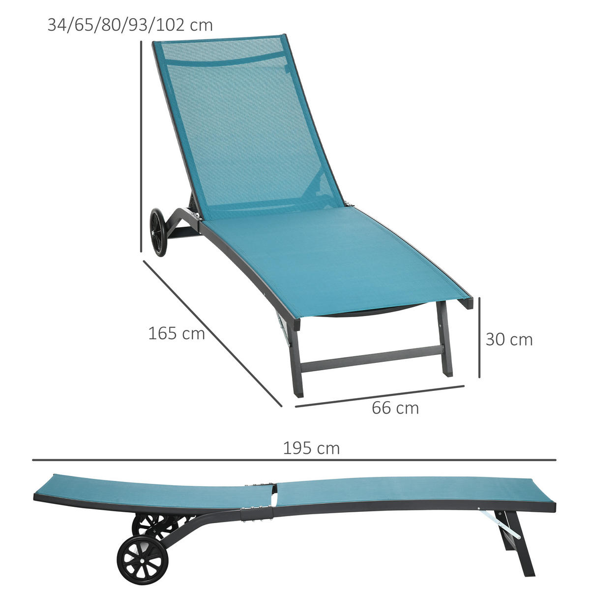 RELAXLIEGE mit verstellbarer Rückenlehne, 195 x 165 x 102 cm, Polyester, Blau - Blau, Kunststoff (165/102/66cm) - Outsunny