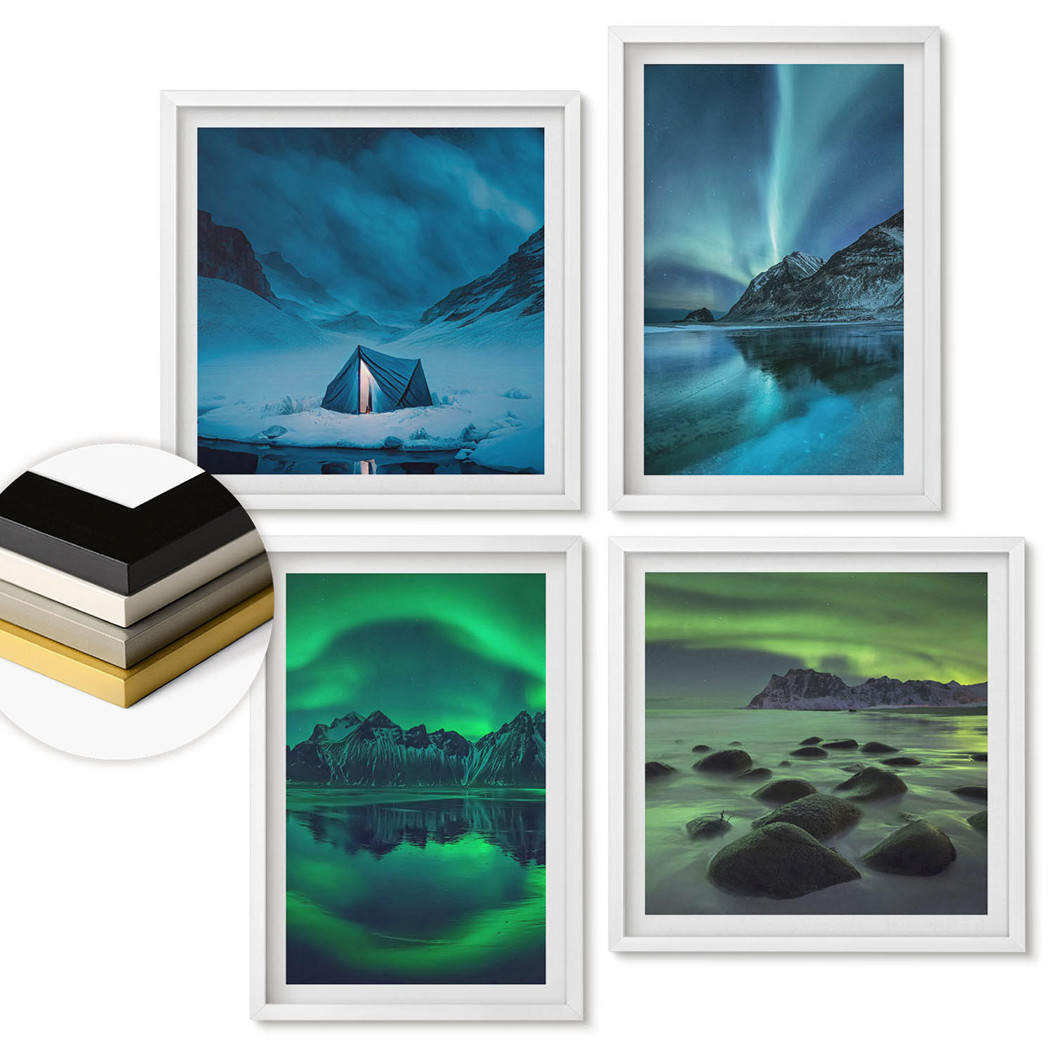 WANDBILDER 4er-Set - 50x50 cm & 40x60 cm Weißer Rahmen - Winterlandschaft mit Nordlichtern - Weiß, Kunststoff (50/50cm) - ArtPrintCave