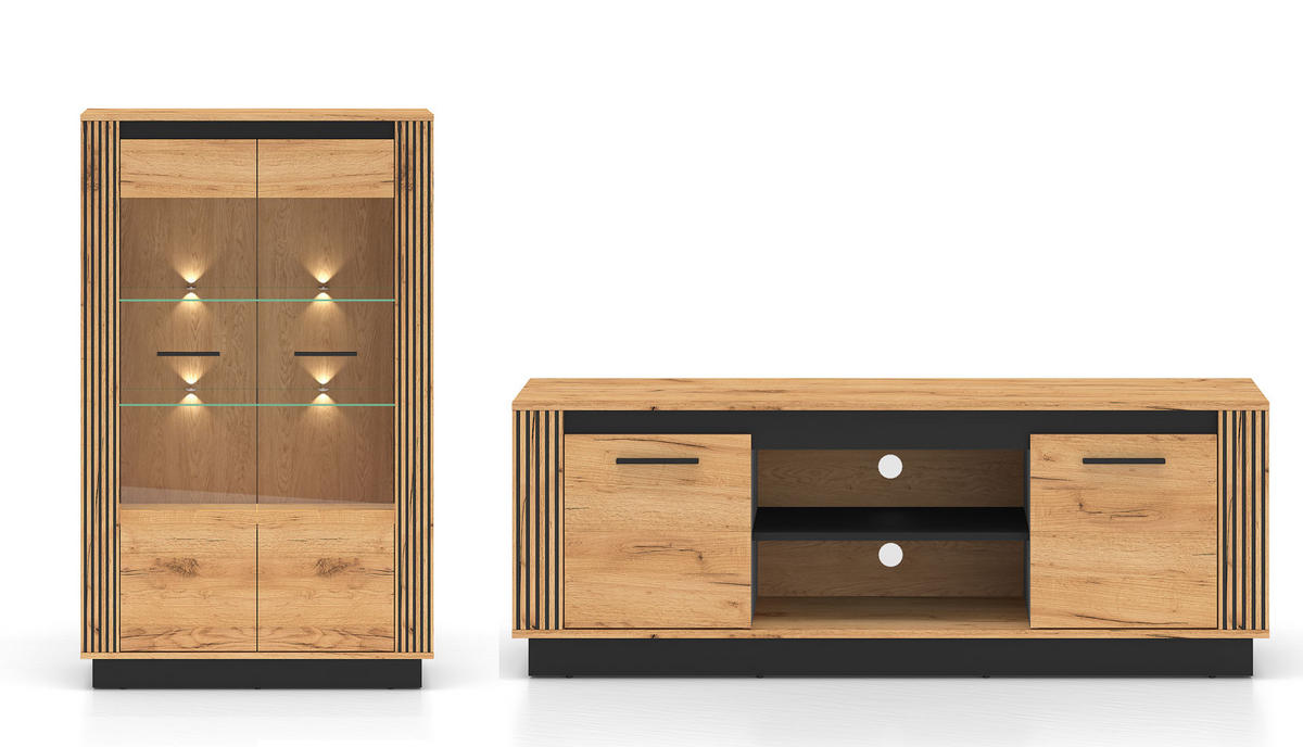 WOHNZIMMER-SET Urso 2-teilig Gold Craft Eiche / Schwarz - Eichefarben/Schwarz, Holz/Holzwerkstoff (242/141/40cm) - Feldmann-Wohnen