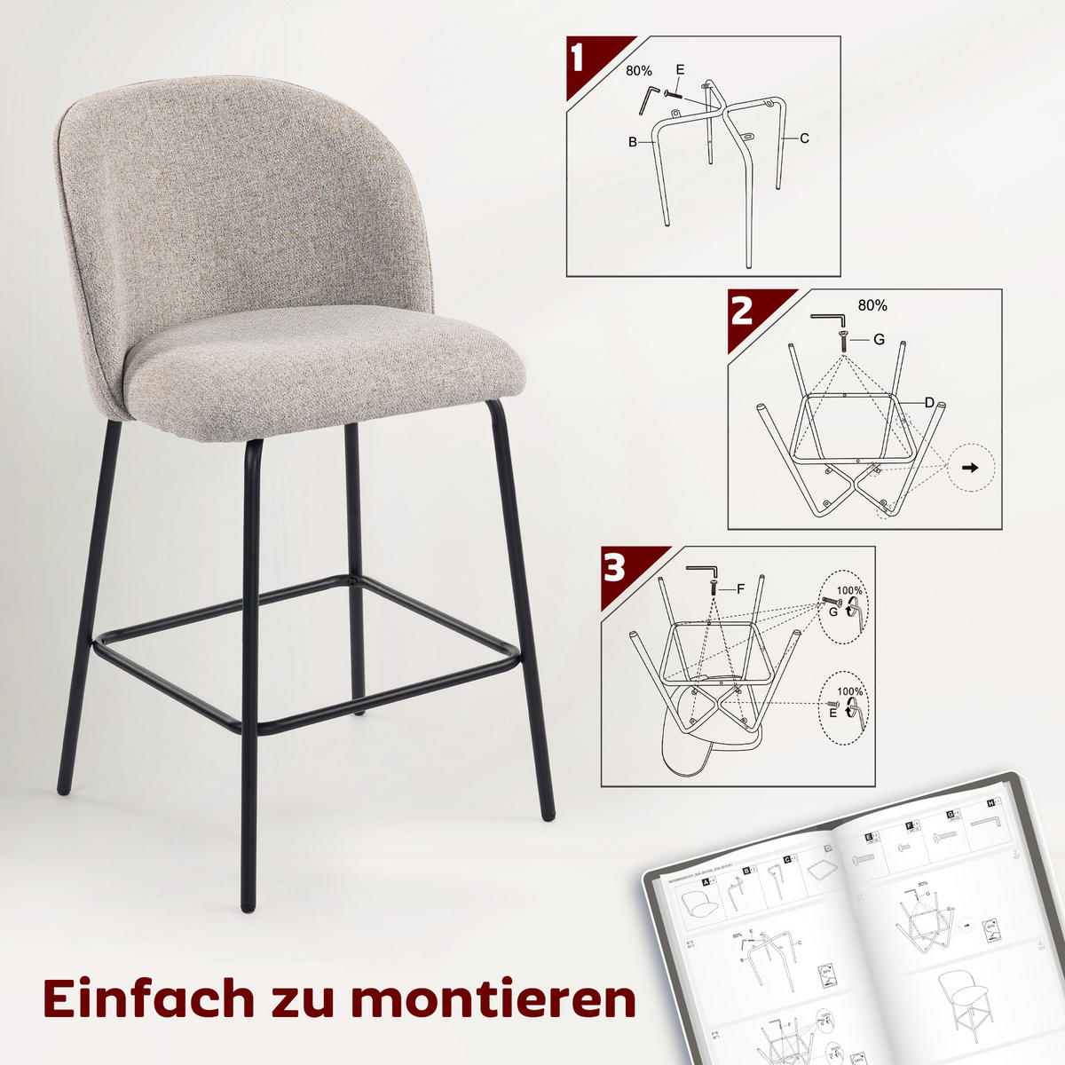BARHOCKER 2er Set Polyester Stahl Hellgrau - Hellgrau/Schwarz, Textil/Metall (50/93/55cm) - HOMCOM