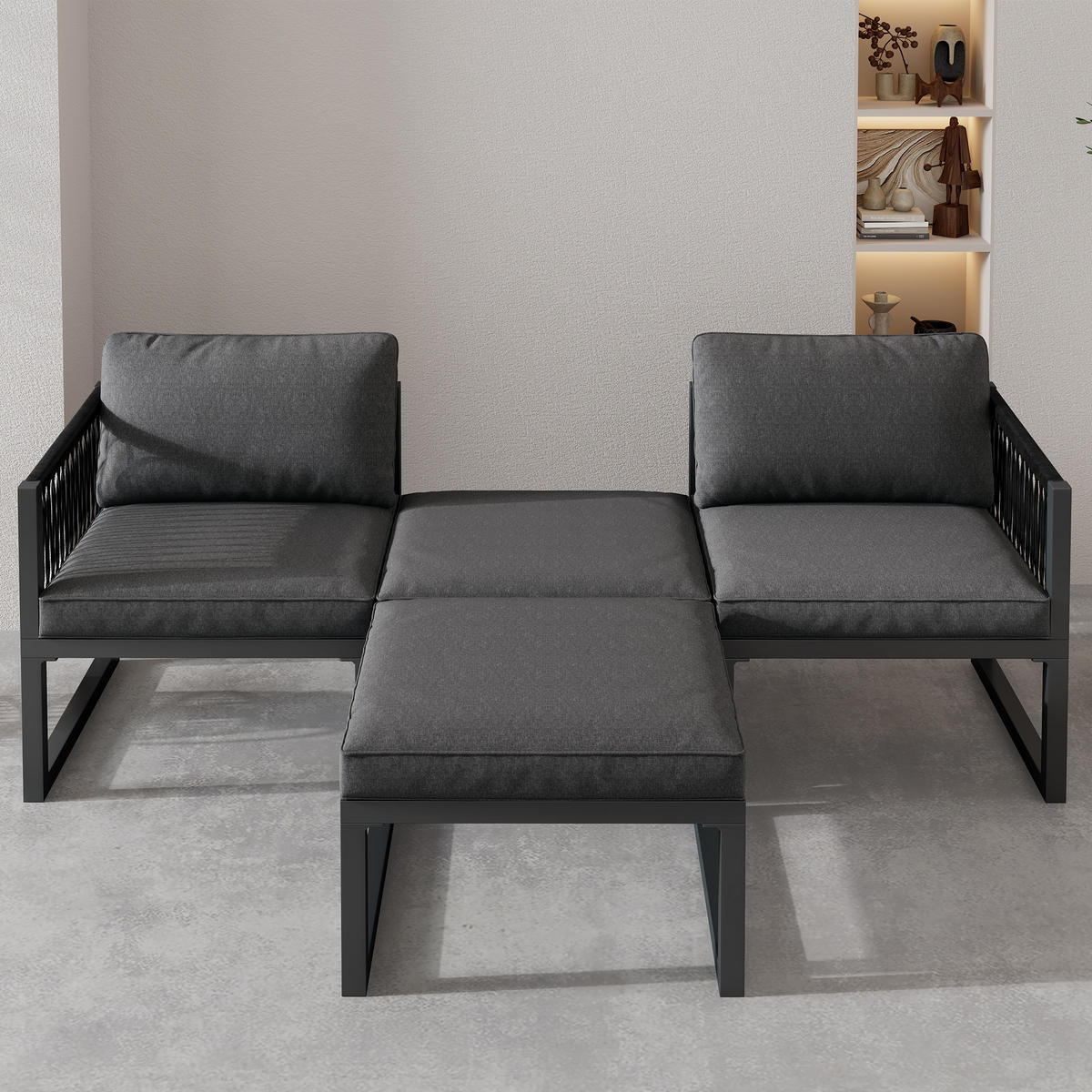 LOUNGESET Modular Grau 2 Sofas 2 Hocker - Grau, Metall - FLIEKS