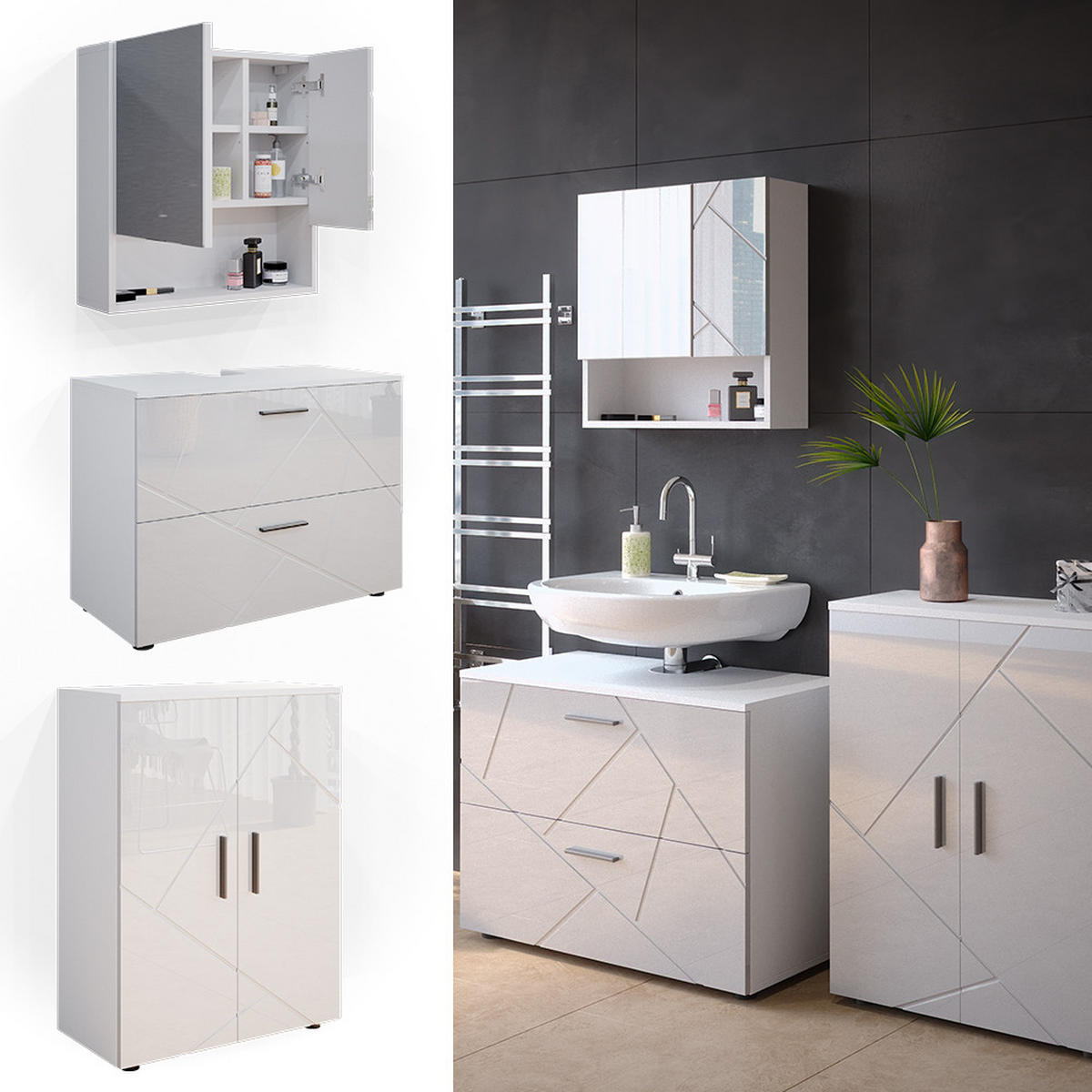 BADMÖBEL-SET Irma Weiß Hochglanz 3 Teile, mit Unterschrank 80 cm - Weiß Hochglanz/Weiß, Holzwerkstoff (80/58/41cm) - Vicco