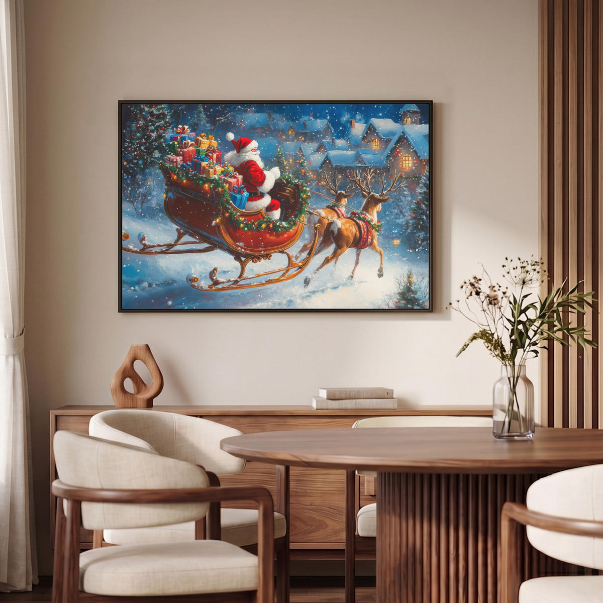 LEINWAND Bilder mit Rahmen - Weihnachtsmann - Rentier - Weihnachten - Schnee - 90x60 - Cognac, Textil (90/60cm) - MuchoWow