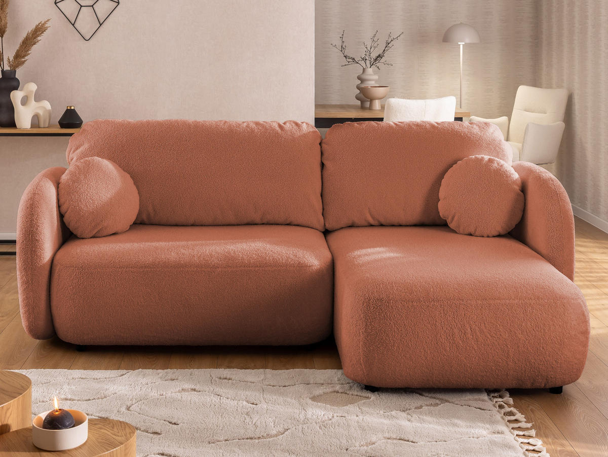 ECKSOFA Candy mit Schlaffunktion Terrakotta Bouclé-Stoff - Ottomane rechts - Terra cotta/Schwarz, Holz/Kunststoff (146/230cm) - S-Style Möbel