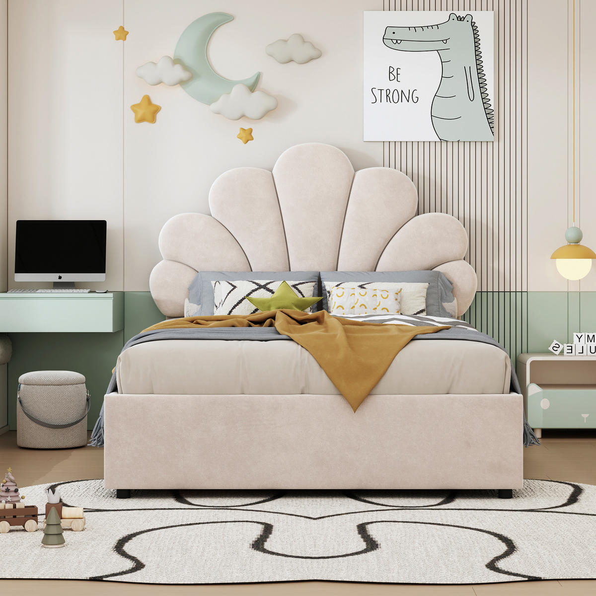 KINDERBETT 90/200 cm Beige mit Samtbezug höhenverstellbarem Kopfteil und hydraulischem Stauraum - Beige, Textil (90/200cm) - OKWISH