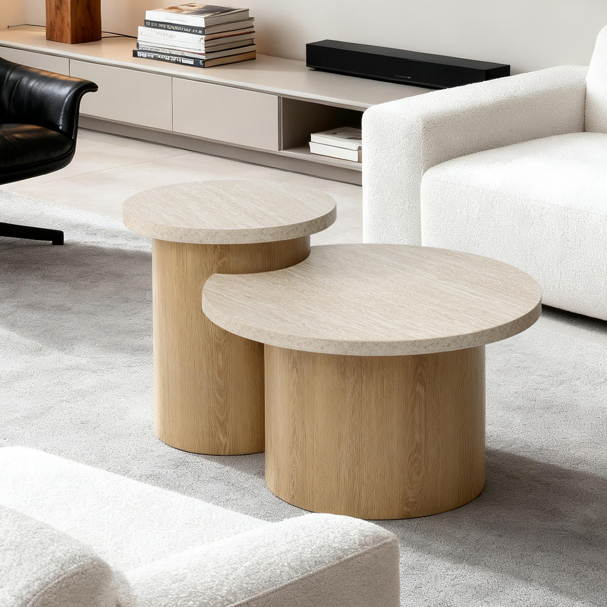 COUCHTISCH Rund 2er Set aus Holz, mit Steinoptik Tischplatte und römischer | B85 x T60 x H47,5 cm - Braun, Holzwerkstoff (60/85/47.5cm) - Hometopia