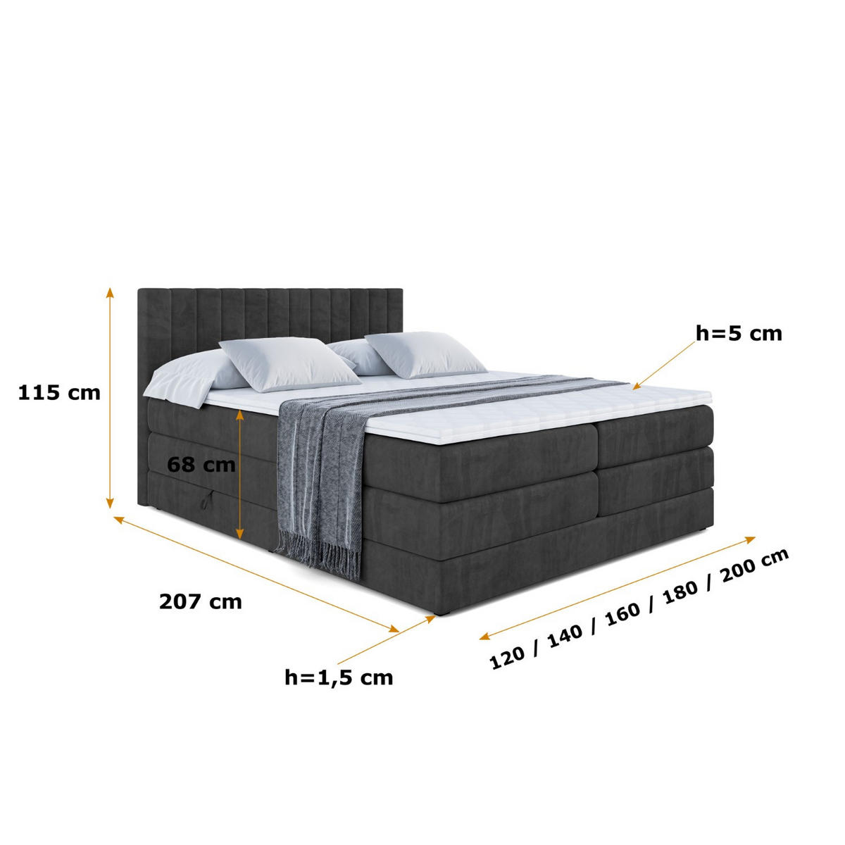 BOXSPRINGBETT EDITA KING - 120x200 - H3/H4 - Schwarz - Schwarz, Holzwerkstoff (120/200cm) - ALTDECOR