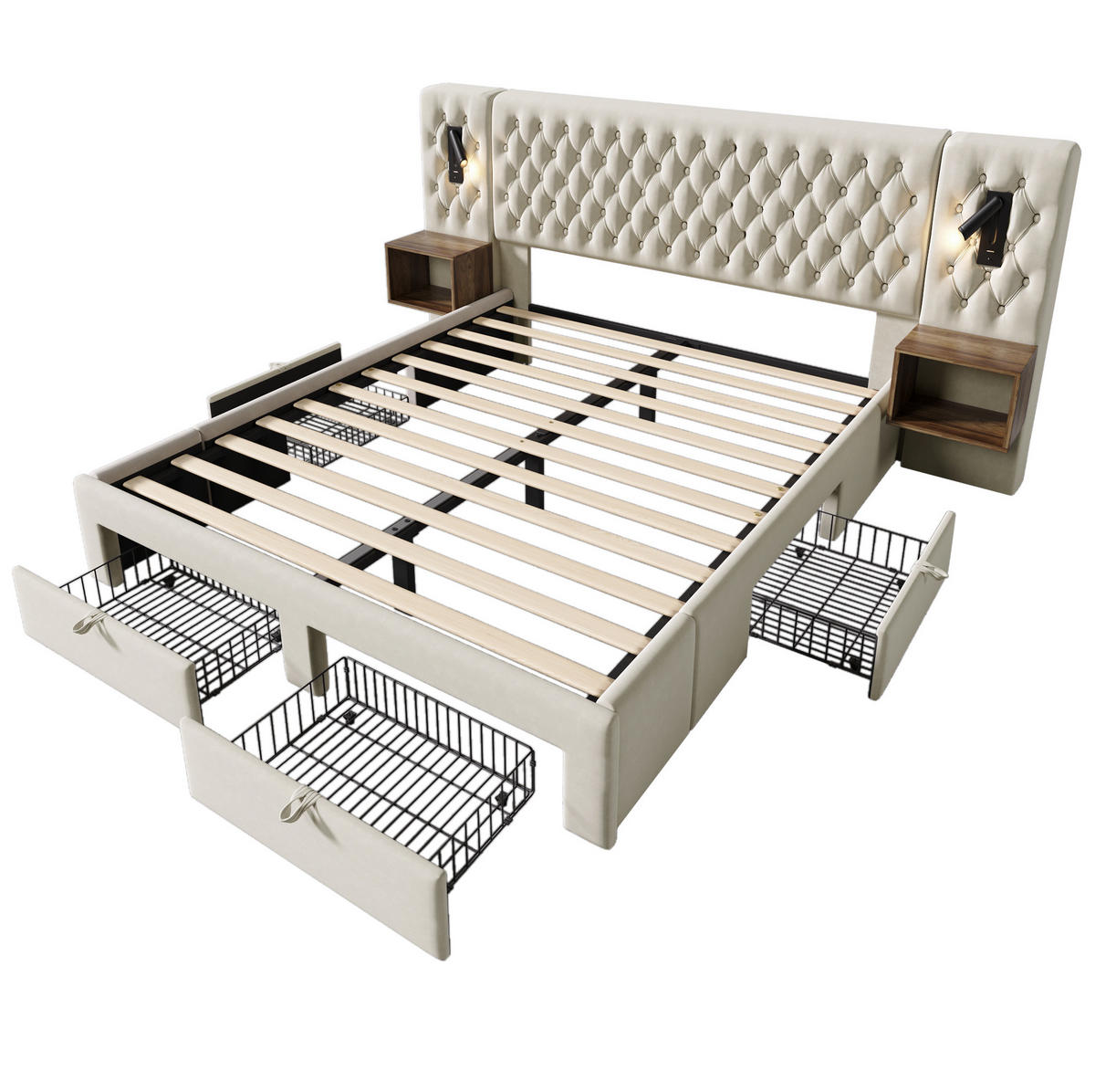 POLSTERBETT 180/200 cm mit 2 Nachttischen, 4 Schubladen, LED-Leselicht & USB/Type-C, Beige - Beige, Textil (180/200cm) - Redom