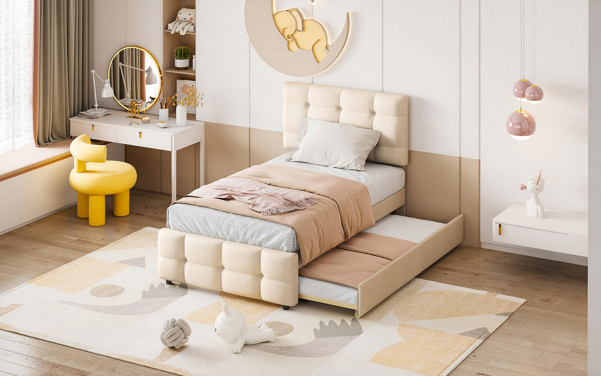 POLSTERBETT 90/200 cm Beige aus Leinenstoff mit Ausziehbett - Beige, Textil (90/200cm) - OKMYHOME