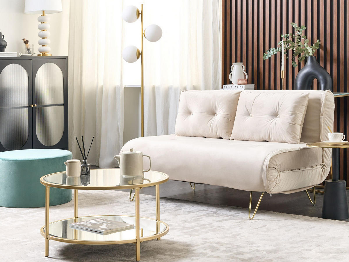 2-SITZER-SCHLAFSOFA Samtstoff beige Vestfold - Beige/Goldfarben, Textil (130/81/78cm) - Beliani