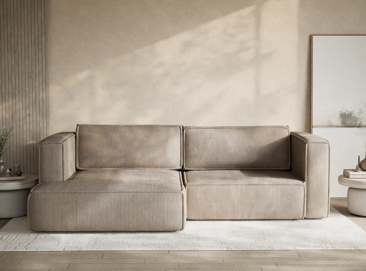 ECKSOFA MIT SCHLAFFUNKTION Velto Beige Samtstoff - Beige/Schwarz, Holz/Holzwerkstoff (152/250cm) - Maison de Reve