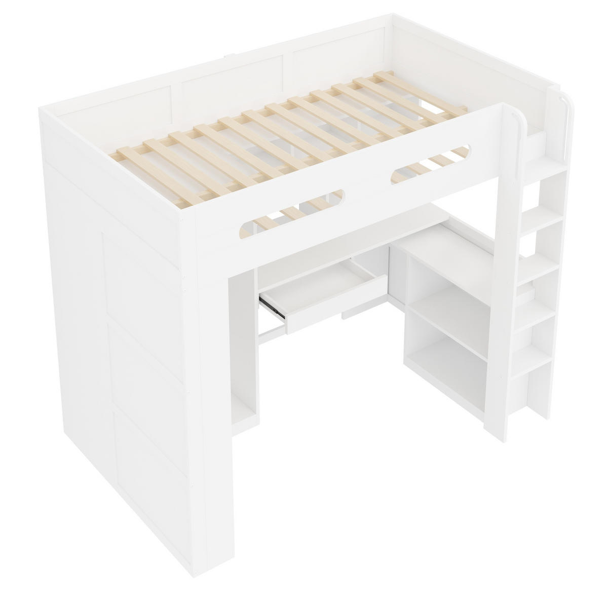 HOCHBETT weiß 90 × 200 cm aus Kiefernholz‑MDF mit einer Schublade, Kleiderschrank, LED‑Beleuchtung und USB‑Anschluss - Weiß, Holzwerkstoff (90/200cm) - Luhomfu