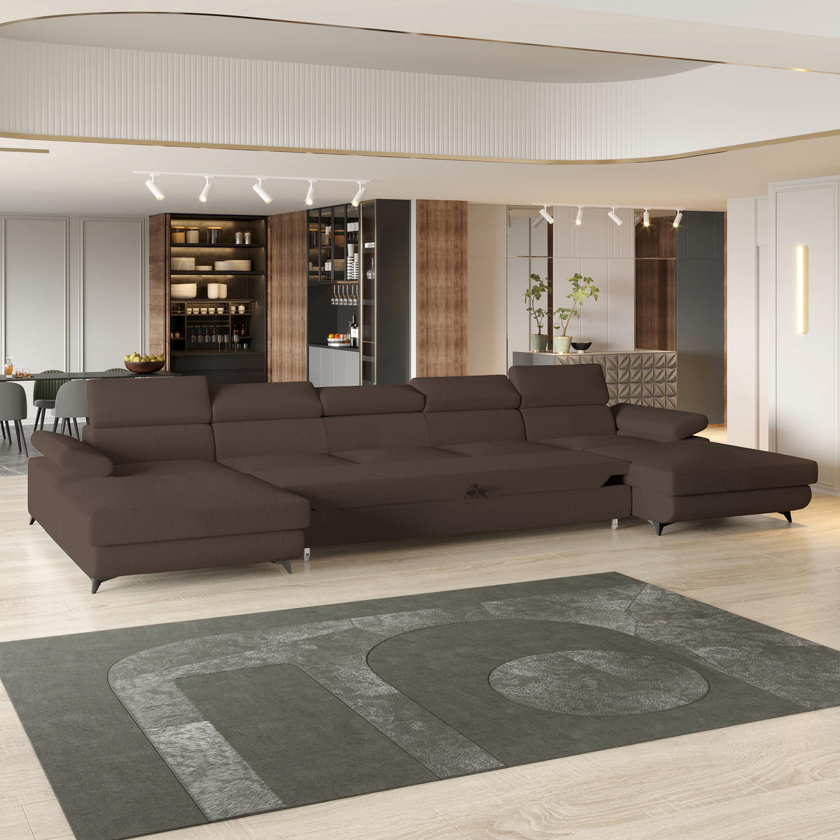 WOHNLANDSCHAFT VIVENTE Braun Boucle-Stoff mit Schlaffunktion - Braun, Holz (410/89/190cm) - MASSENO