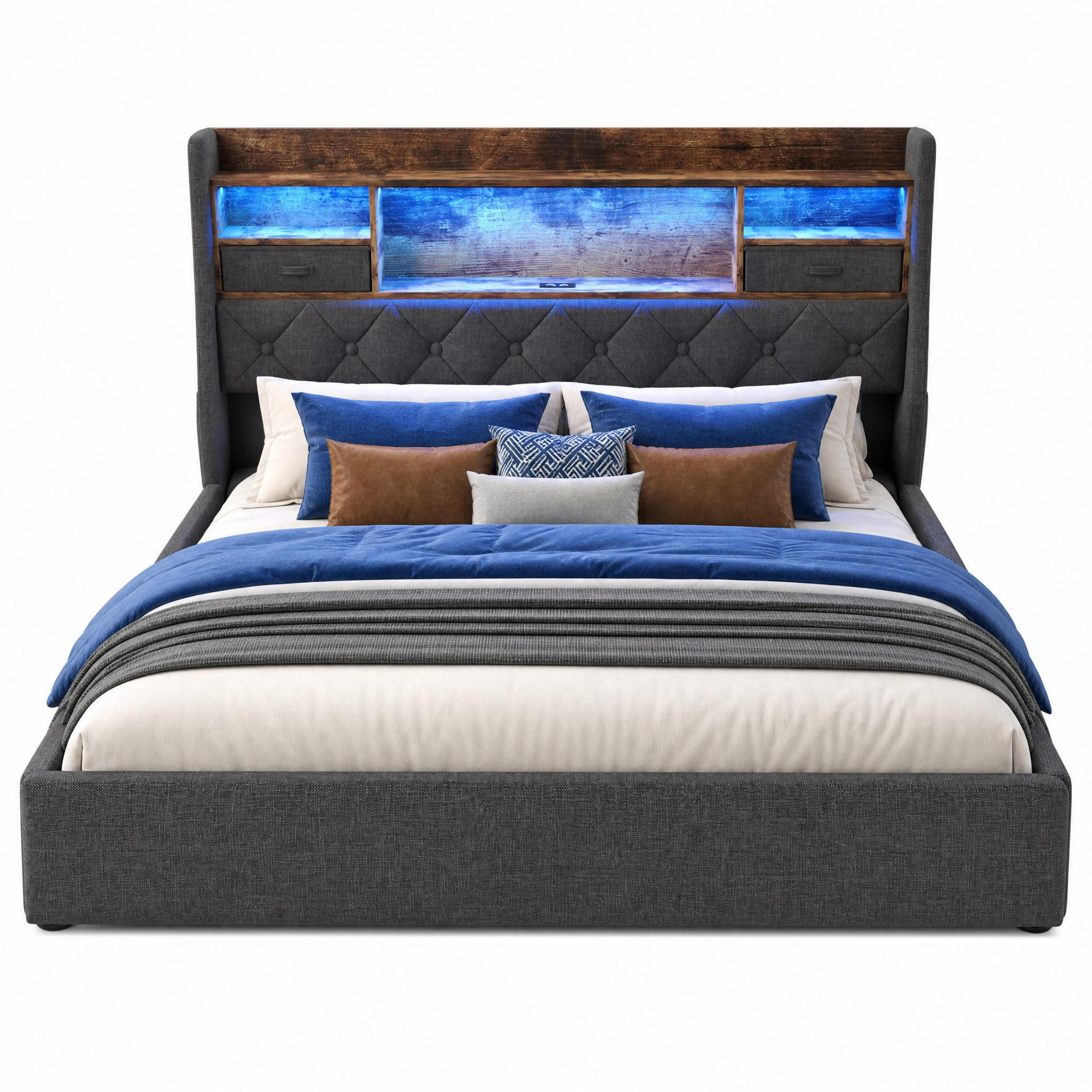 POLSTERBETT 180/200 cm in Grau mit Bettkasten, LED, USB und Type-C Leinen Retro-Design - Grau, Holzwerkstoff/Textil (180/200cm) - STILVORA