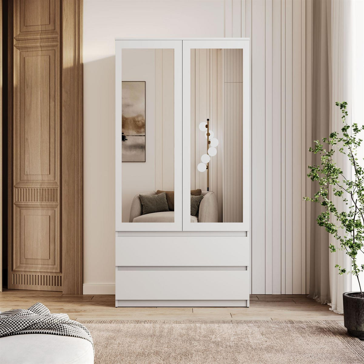 SCHRANK HANA SS-90 mit Spiegel Weiß - Weiß, Holzwerkstoff (90/180/50cm) - Lookway