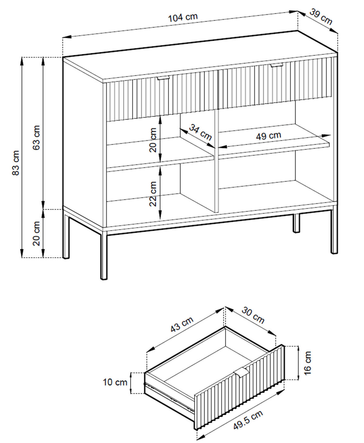 SIDEBOARD Eternas 2T 2S Grau 104/83/39 cm – goldene Füße, mit geriffelten Fronten - Goldfarben/Grau, Holzwerkstoff (104/83/39cm) - AX Living