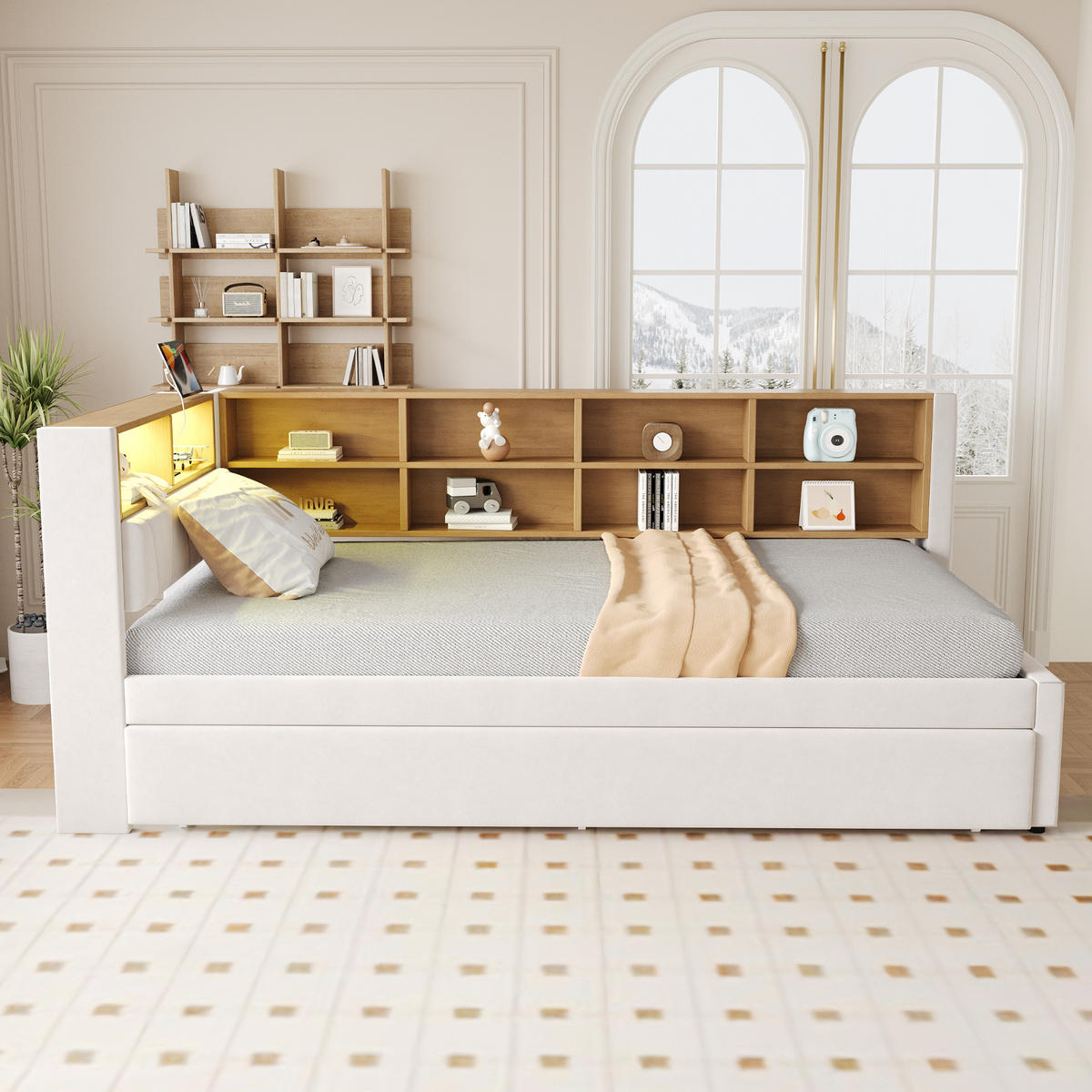 BETT 90/200 cm mit Ausziehbett 90/190 cm Flanell Beige mit LED-Beleuchtung und Multifunktionsanschlüssen - Beige, Textil (90/200cm) - OKWISH
