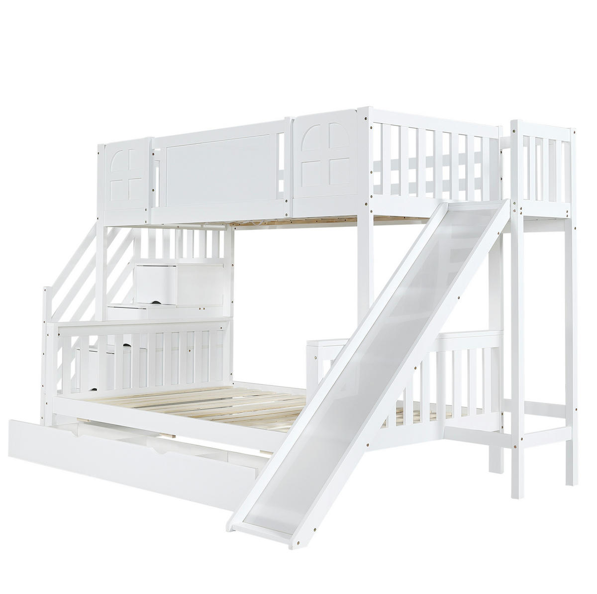 ETAGENBETT aus Kiefer und MDF 90x200/120x200 cm Weiß mit Rutsche, Stauraumtreppe und Fenstern - Weiß, Holzwerkstoff (90/200cm) - Modfu