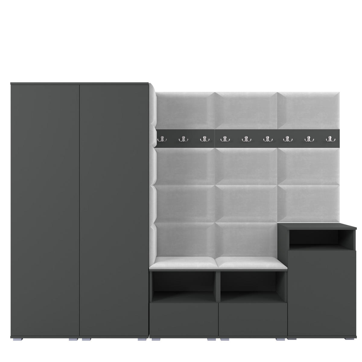 GARDEROBE NELA VIII 250 cm (Modulare Flurmöbel Graphit mit Sitzpolster Hellgrau 32 2 Schränke + Sideboard) - Silberfarben/Hellgrau, Holz/Holzwerkstoff (250/187/40cm) - Ravio