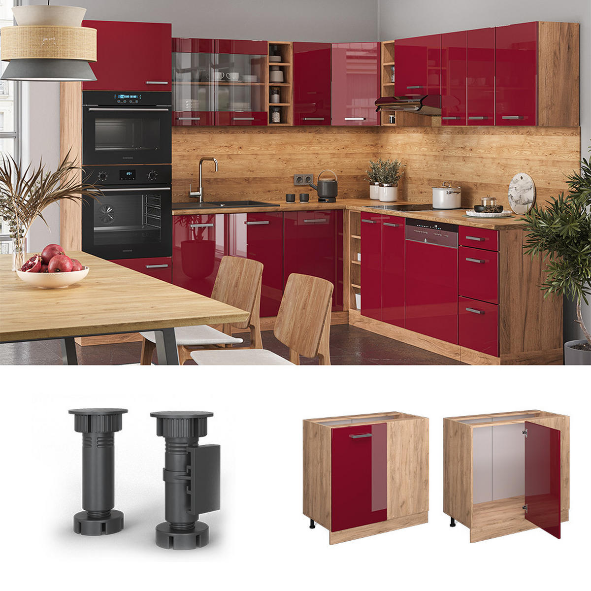 ECKUNTERSCHRANK R-Line Rot Hochglanz 86 cm AP Marmor - Eiche Wotan/Rot, Holzwerkstoff (86/81.6/60cm) - Vicco