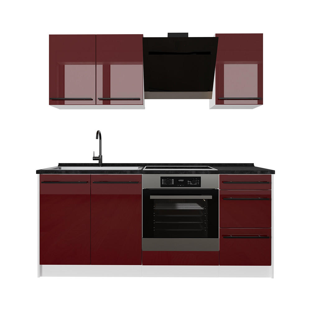 SINGLEKÜCHE R-Line, Rot Hochglanz/Weiß, 180 cm Arbeitsplatte Anthrazit - Rot/Weiß, Holzwerkstoff (180/206.8/60cm) - Vicco