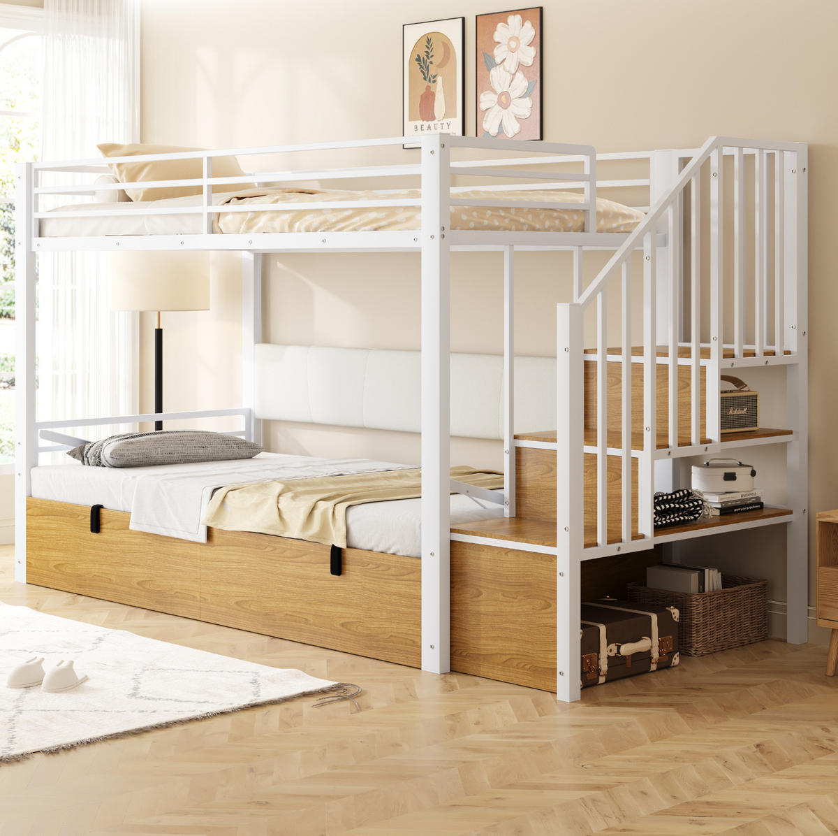 ETAGENBETT 90/200 cm weiß aus Metall und MDF mit Stauraum - Weiß, Metall (90/200cm) - OKWISH