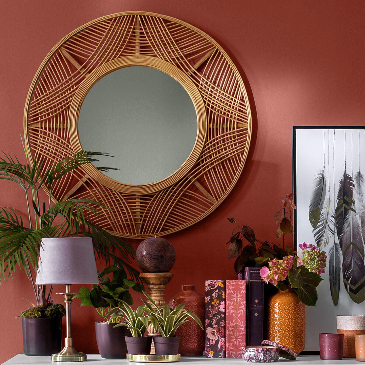 BOHO-SPIEGEL mit Bambusrahmen Ina 70/70/2,5 cm - Beige, Holzwerkstoff (70/2.5/70cm) - Atmosphera Createur d´interieur