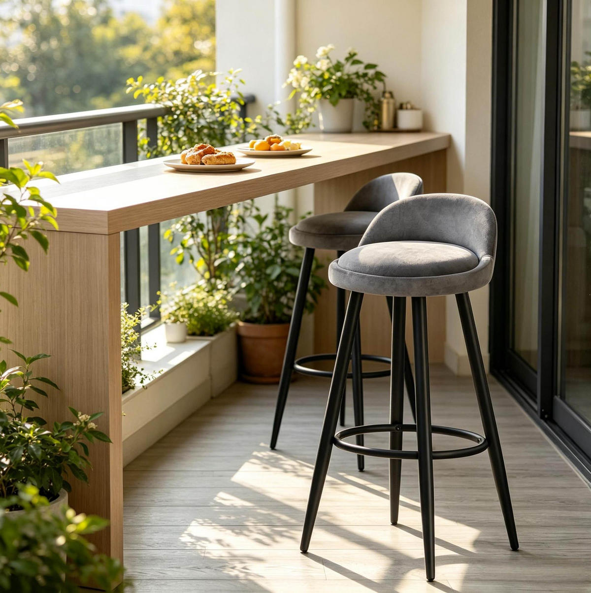 BARHOCKER mit Rückenlehne und Fußlehne Dunkelgrau Samt - Dunkelgrau, Holzwerkstoff (36.5/78.5/36.5cm) - MIVRAY