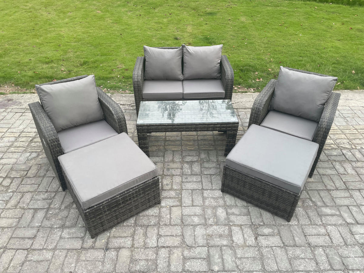 GARTENMÖBEL SET mit Sofa Polyrattan 6-Sitzer Dunkelgrau - Dunkelgrau/Grau, Glas/Kunststoff - Fimous