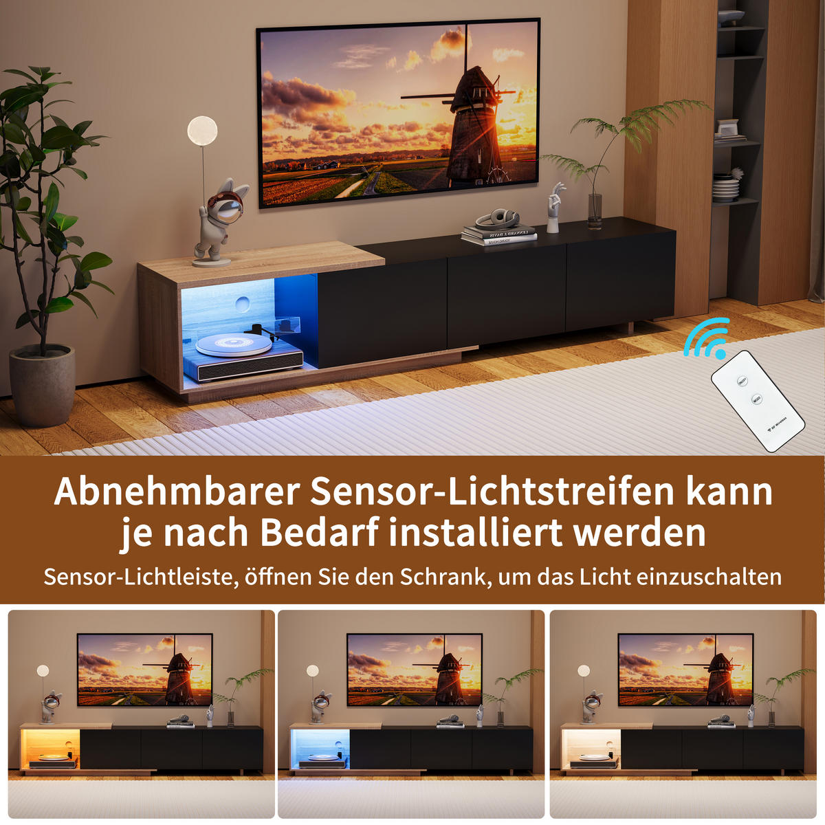 TV-SCHRANK 180 cm, schwarz, LED tricolor Sensor, Feder-Schubladen, Holz braun/schwarz - Schwarz, Holz (240/44/38cm) - EuroLiving