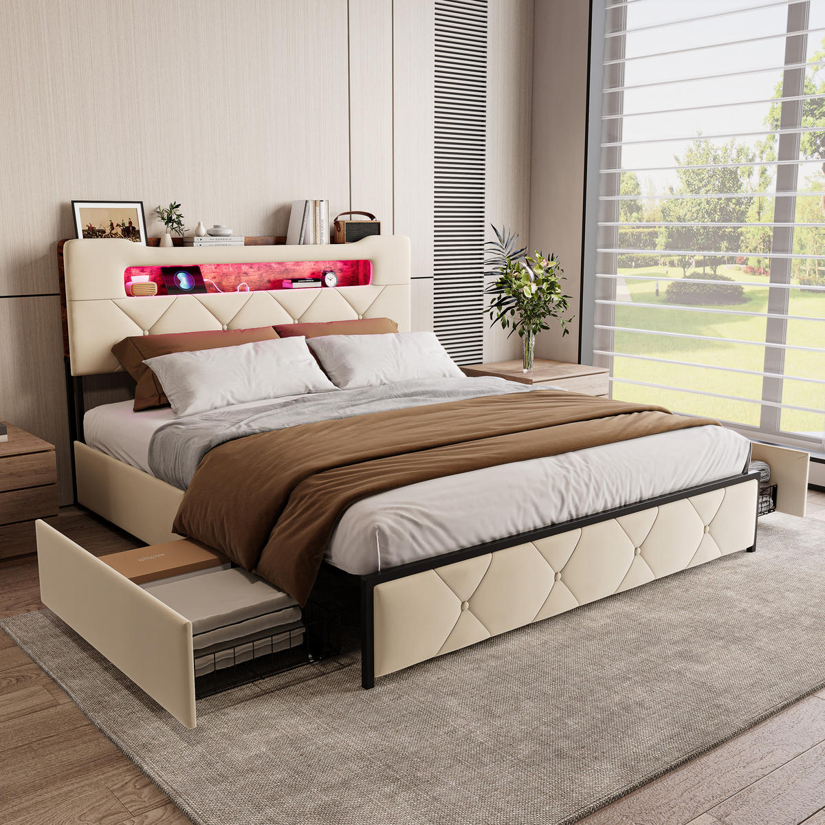 POLSTERBETT 160x200 cm Beige mit Schubladen, LED-Beleuchtung und Ladefunktion - Beige, Holz/Metall (160/200cm) - PARAFTA HOME