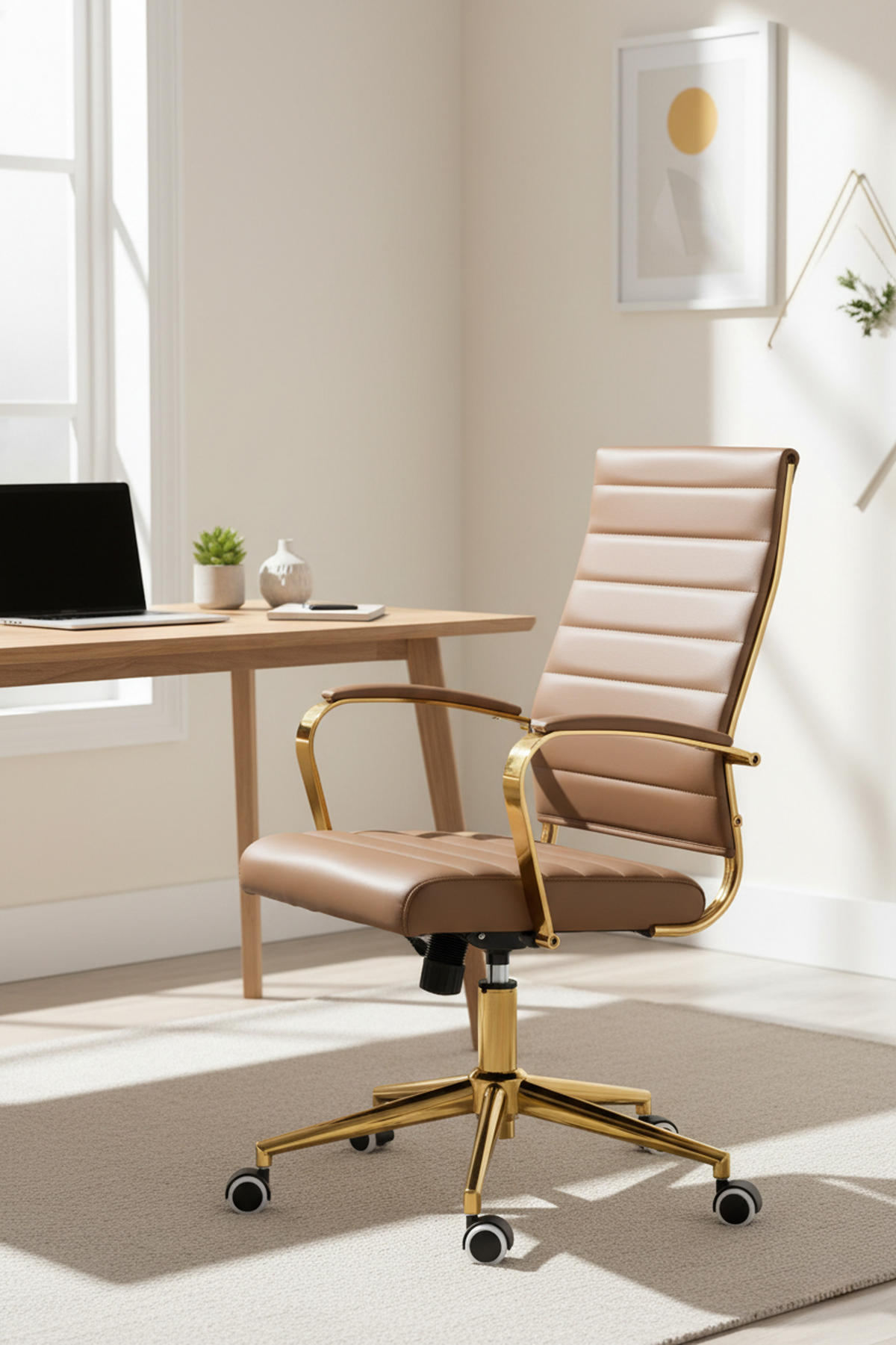 BÜROSTUHL Vantor Kunstleder hellbraun - Hellbraun/Goldfarben, Metall (57/109/59cm) - TPFLiving