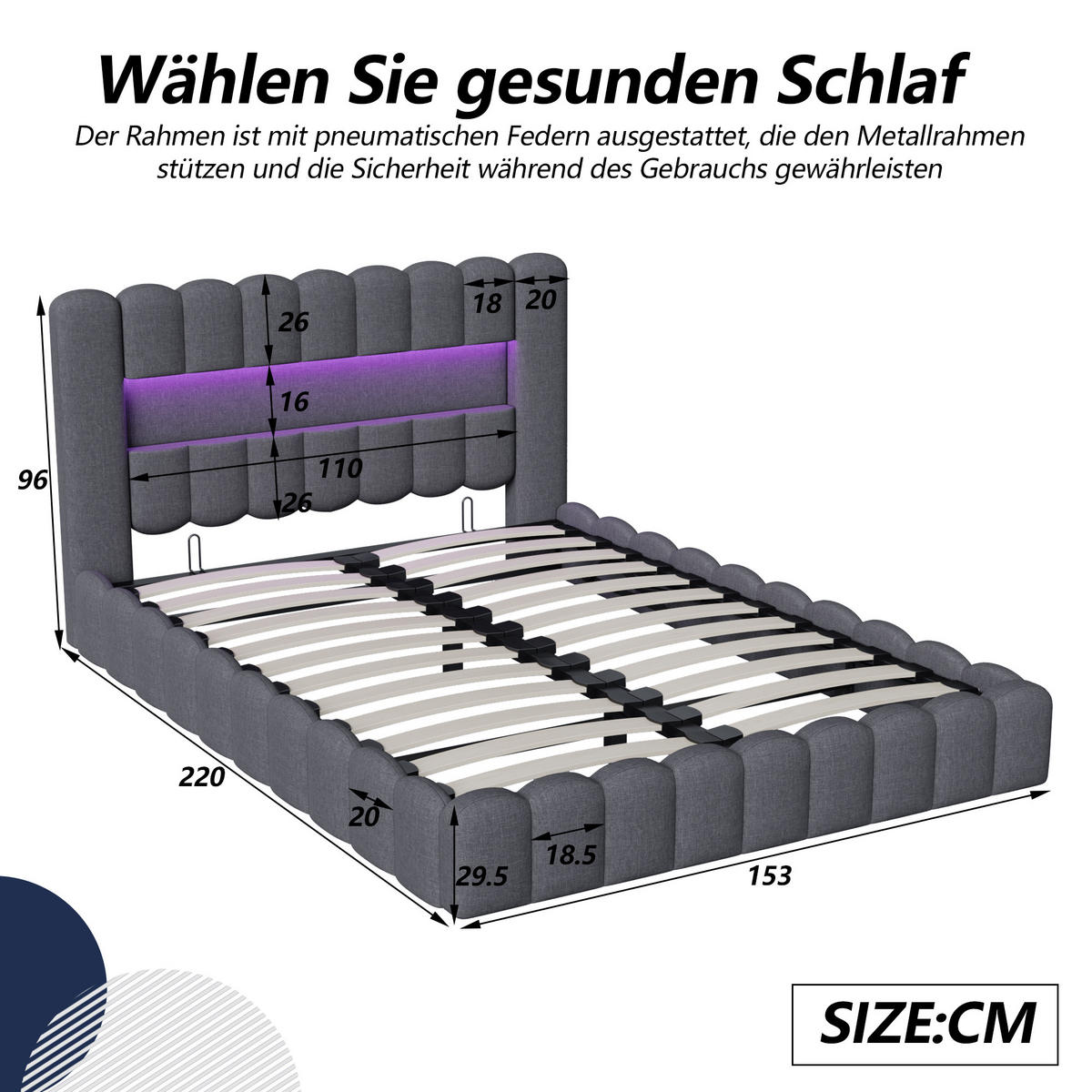 POLSTERBETT 140x200 cm, Grau, mit USB, LED - Grau, Textil/Metall (140/200cm)
