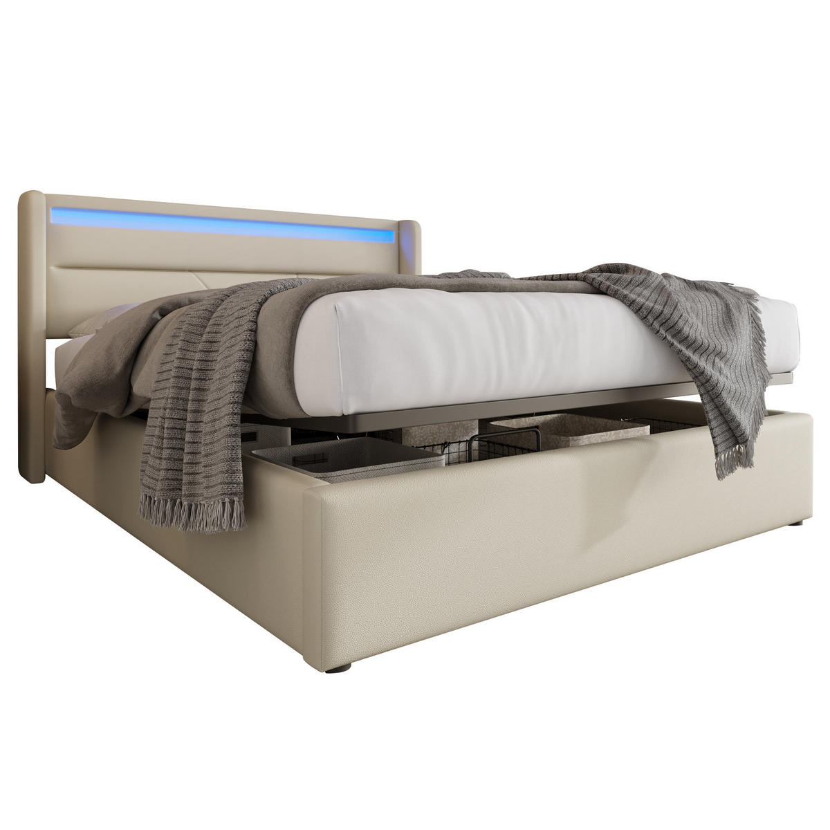 ČALOUNĚNÁ postel 140/200 cm bílá z PU s LED osvětlením, úložným prostorem a matrací - bílá, plast (140/200cm) - OKWISH