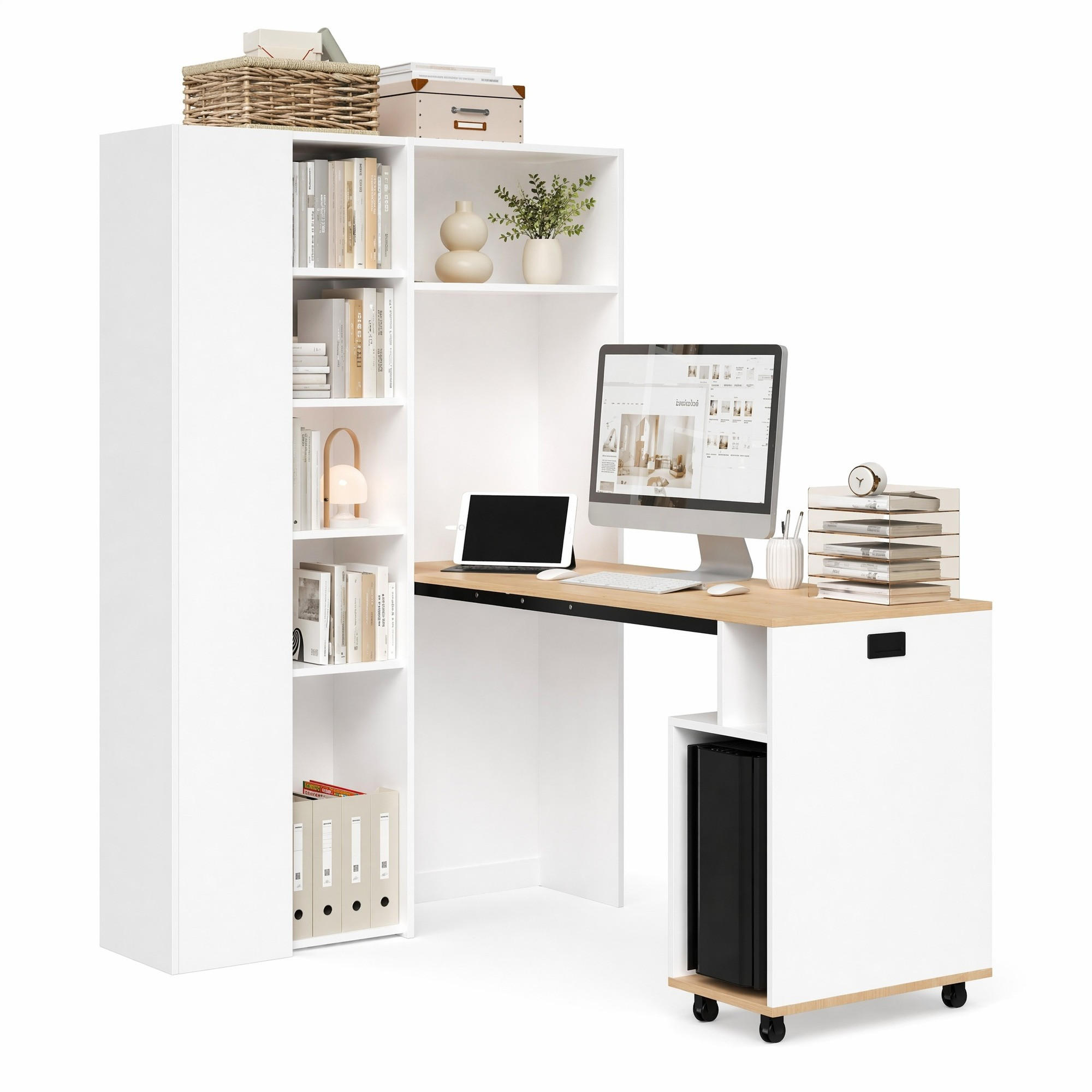 ECKSCHREIBTISCH in Weiß mit Bücherregal und Steckdose für Arbeitszimmer, B104.5/T30.5/H160 cm - Weiß, Holzwerkstoff (104.5/160/30.5cm) - STILVORA