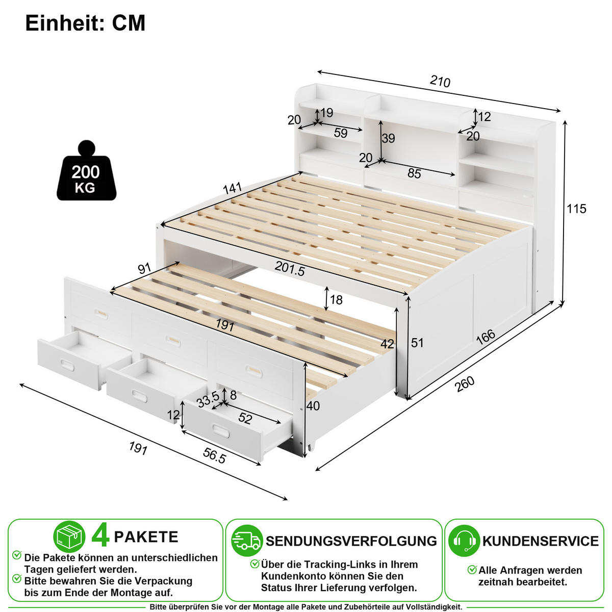 VÝSUVNÁ POSTEL 140/200 cm & 91/191 cm v bílé barvě s LED, zásuvkami a USB-C - bílá, kompozitní dřevo/textil (140/200cm) - CHICFURN