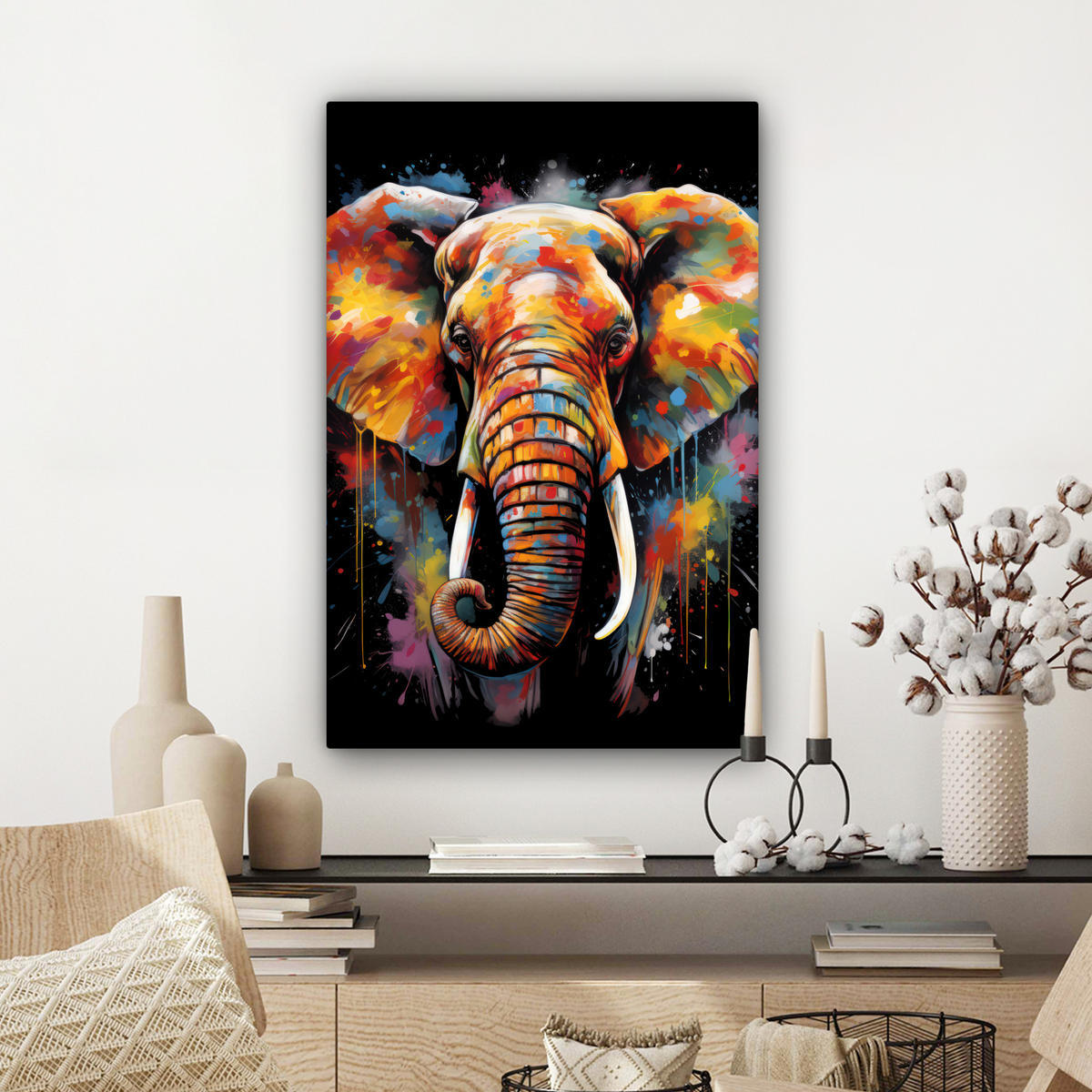 LEINWANDBILD Elefant - Graffiti - Schwarz - Tiere - Farben 60x90 cm - Schwarz, Textil (60/90cm) - MuchoWow