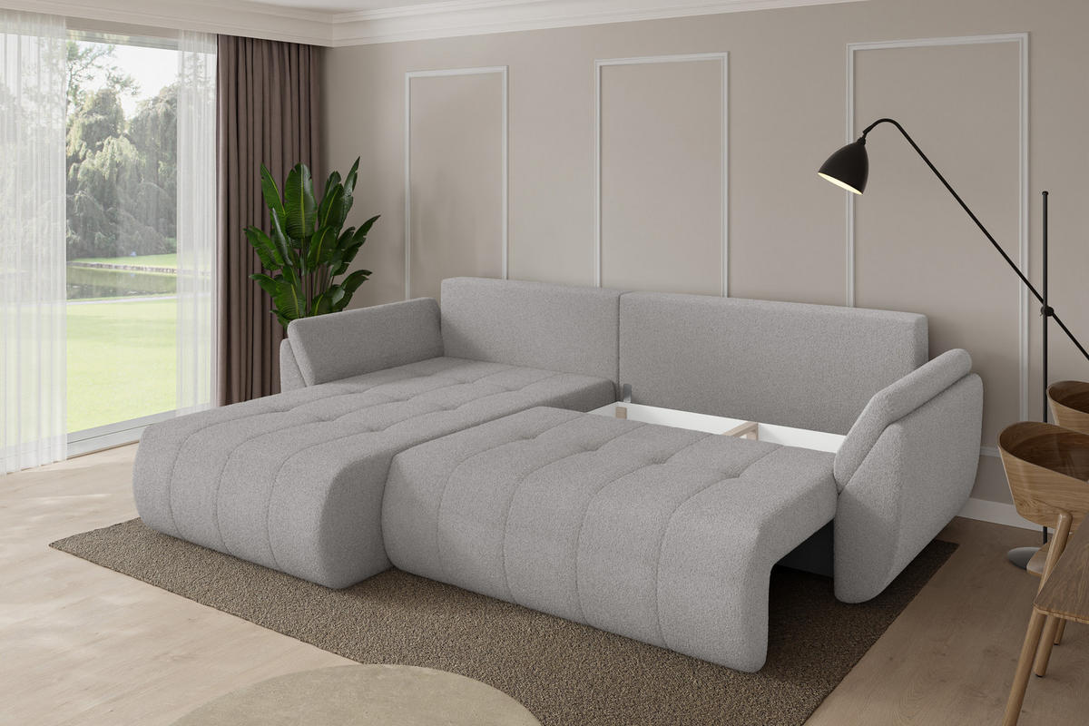 ROHOVÁ SEDAČKA s funkcí spaní, otoman vlevo TOKO-L 277x194x86 světle šedá bouclé - černá/stříbrná, kompozitní dřevo/textil (277/194cm) - ALTDECOR