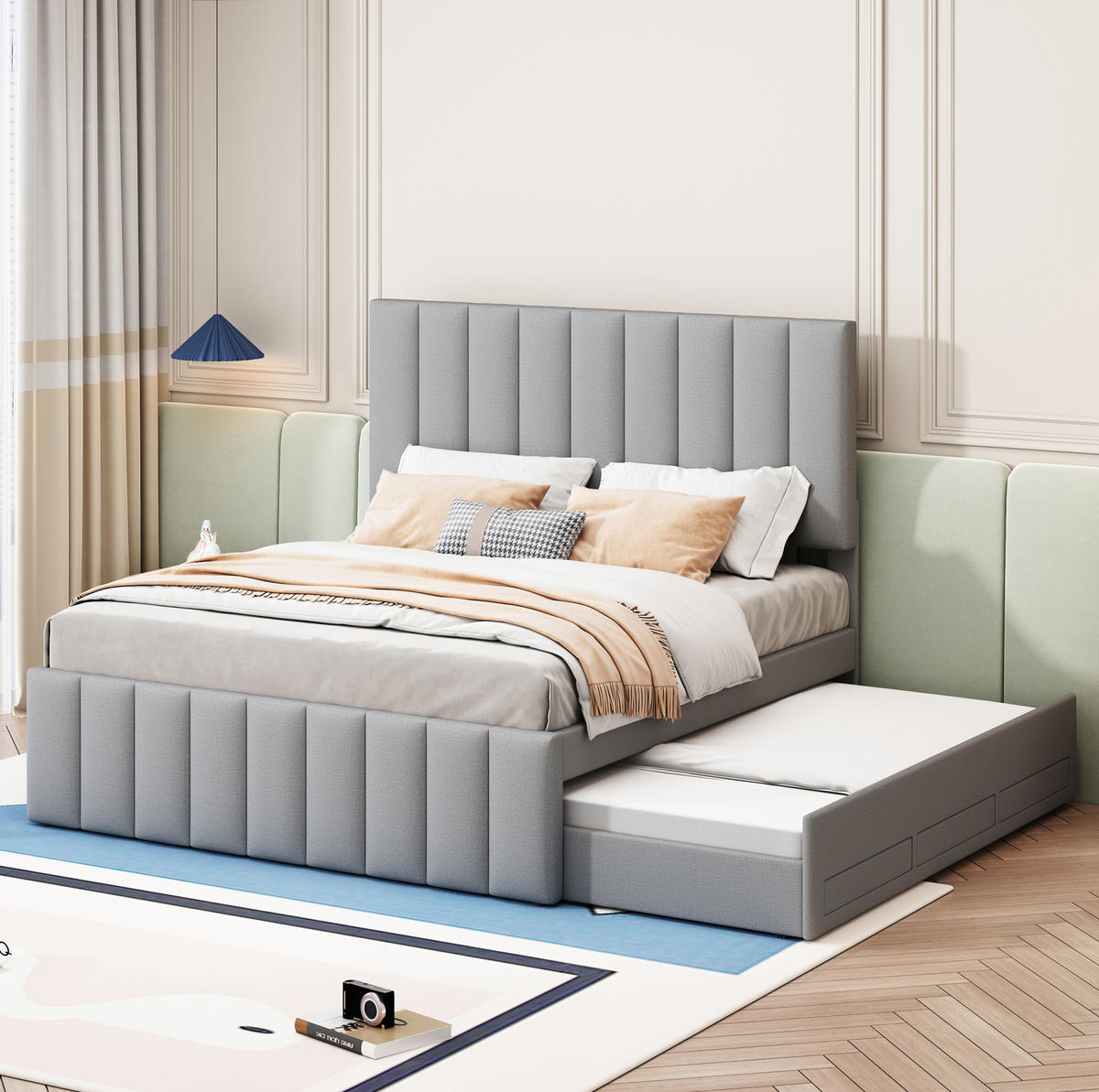 ČALÚNENÁ posteľ z MDF, ľanu a kovu 140x200 cm sivá s výsuvným lôžkom, 3 zásuvkami a výškovo nastaviteľným čelom - sivá, textil (140/200cm) - Modfu