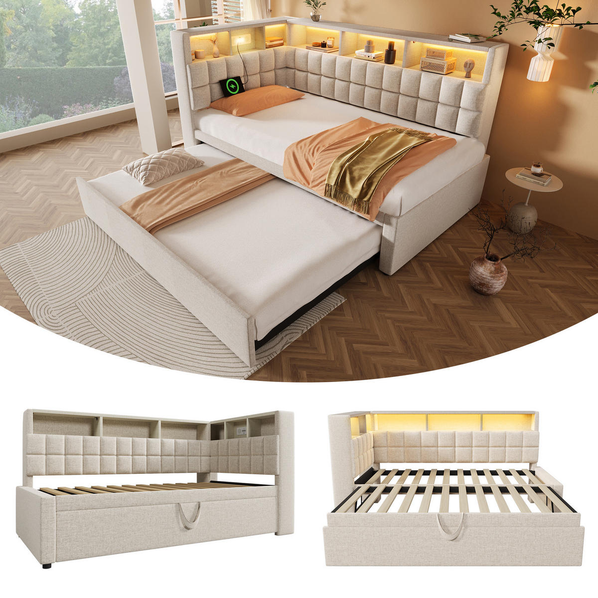 POLSTERBETT 140/200 cm aus PU mit LED USB-Ladestation und Stauraum Schwarz - Schwarz, Kunststoff (140/200cm) - Modenvie