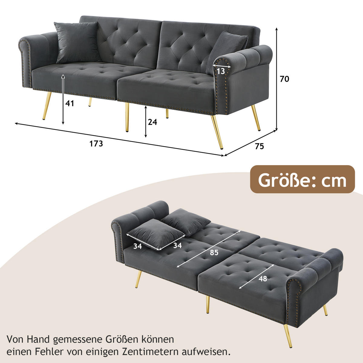 SOFA 2-Sitzer Schlaffunktion Samtbezug Verstellbare Lehne Metallfüße Kleinraum - Grau, Holz (89.54/19.81/77.47cm) - FLIEKS