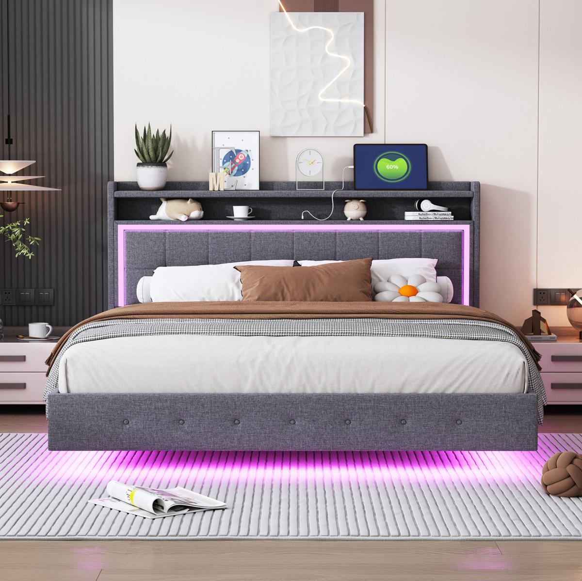 POLSTERBETT mit USB und LED 160x200 cm Grau - Grau, Metall (160/200cm) - Meubliv