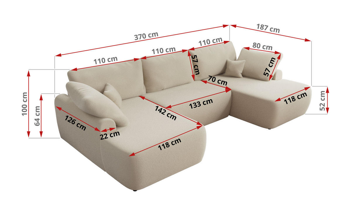 WOHNLANDSCHAFT CUBO U Beige Boucle - Beige/Schwarz, Kunststoff/Textil (370/100/187cm) - MKS