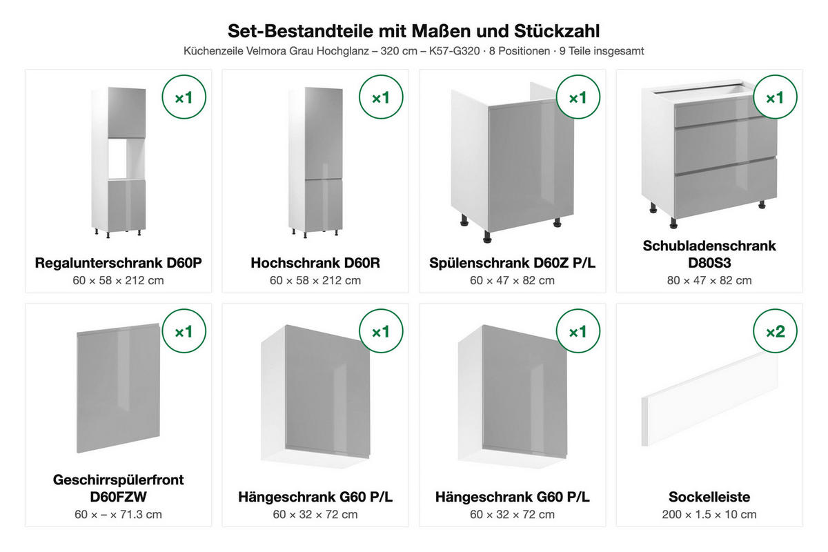 KÜCHENZEIL – 320 cm – K57-G320 – Velmora – Grau – ohne E-Geräte - Grau, Holz (320/212/58cm) - ROYAL24_MARKT