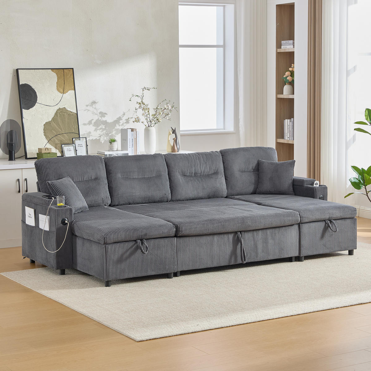 WOHNLANDSCHAFT 272/136/86 cm in Carbon Grau mit Schlaffunktion und Stauraum - Anthrazit, Textil (136/86/272cm) - Flora Grace