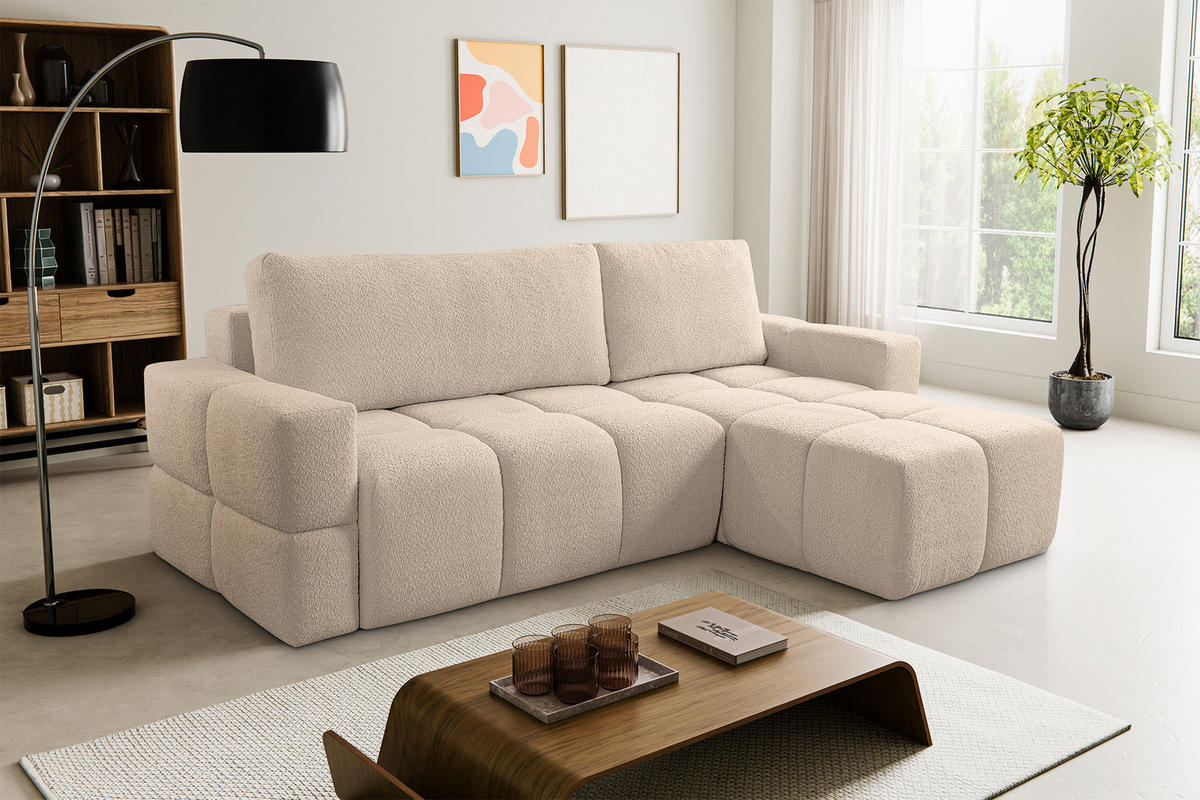 ECKSOFA LUSSO mit Schlaffunktion und Bettkasten, Farbe: Hellbraun, Bouclé-Stoff, Ottomane Universal - Hellbraun, Textil (255/165cm)